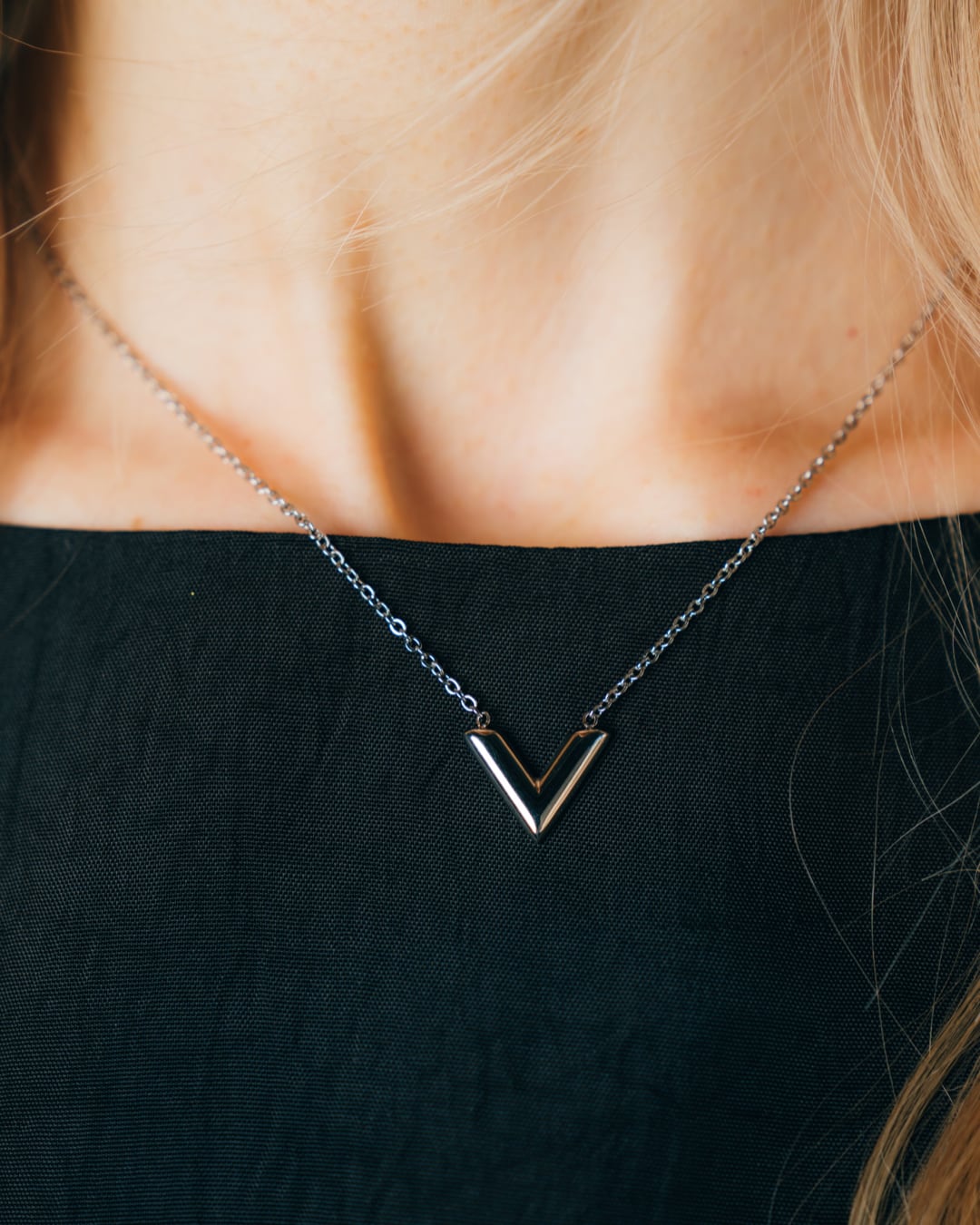 V Shape Letter Necklace Silver