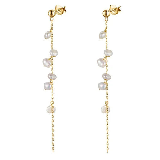 S925 Silver Pearl Long Tassel Stud Earrings