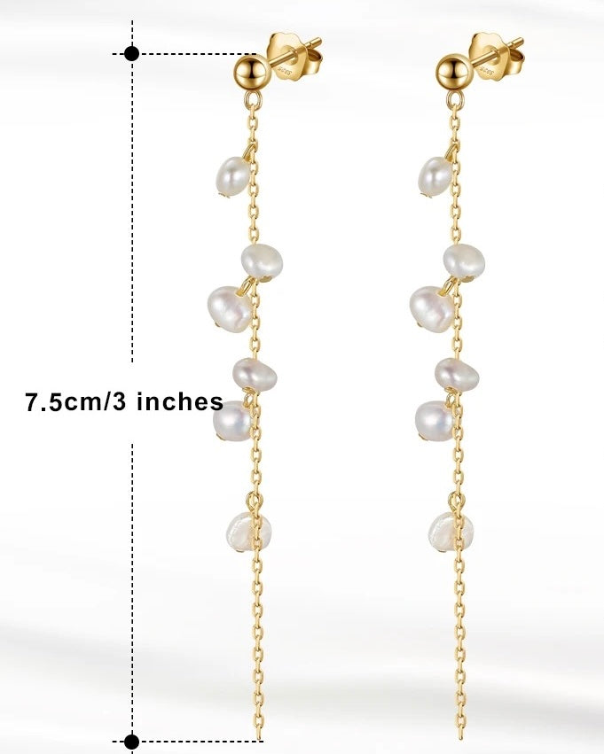 S925 Silver Pearl Long Tassel Stud Earrings