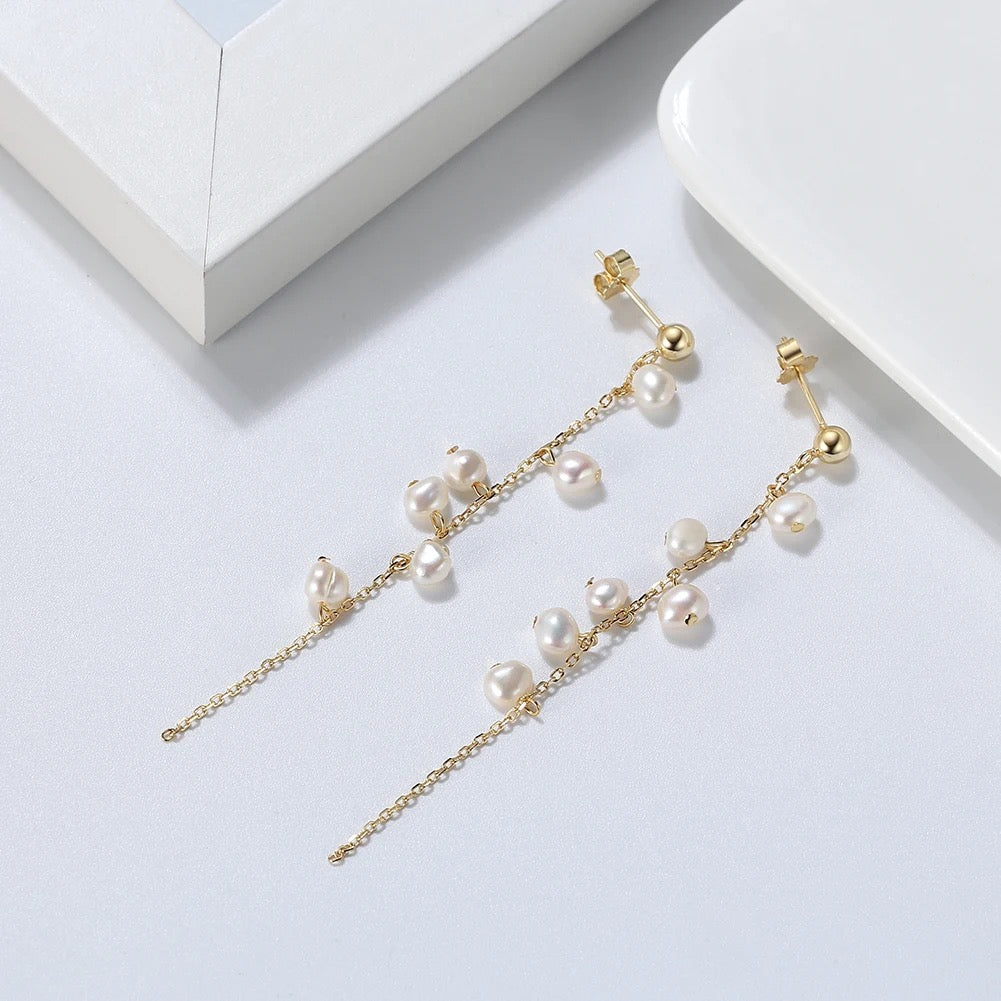 S925 Silver Pearl Long Tassel Stud Earrings